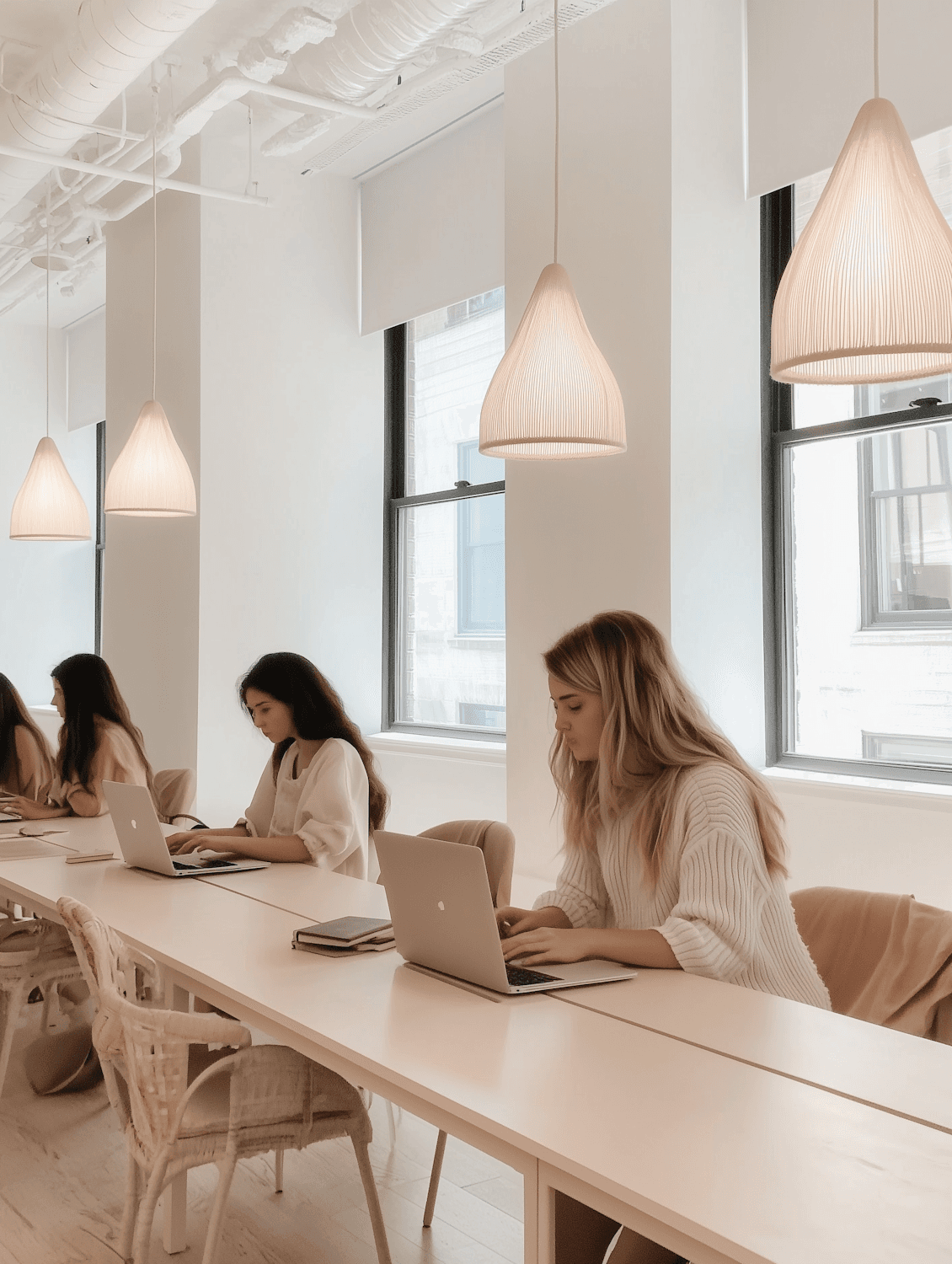 Une équipe commerciale travaille ensemble autour de leurs ordinateurs dans un bureau lumineux